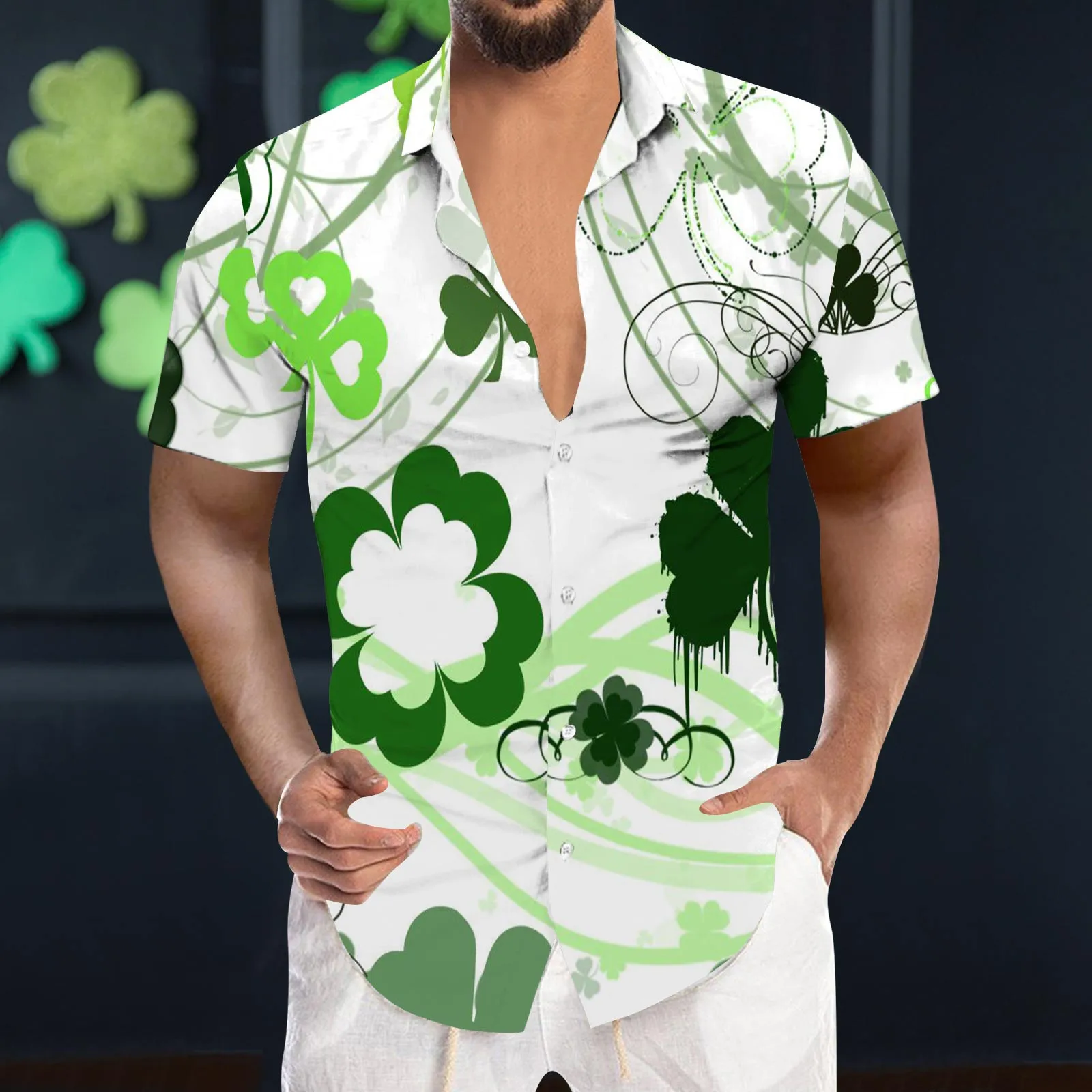 

Mens Henley Shirt Clover Sewing Print Saint Patrick'S Day Tunic Summer Hawaiian Short Sleeve Shirt Leisure Streetwear Clothes