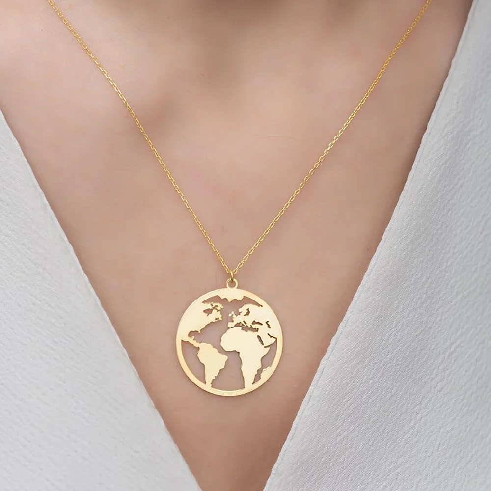스테인레스 스틸 목걸이, 세계 지도 펜던트 목걸이, 글로브 매력 보호 주얼리, 방랑자 지구 초커, 여행 선물 