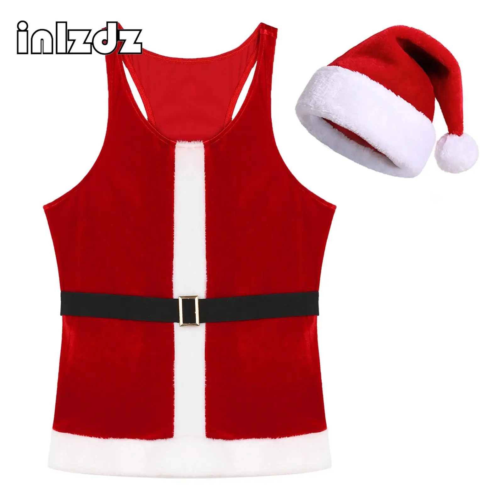 

Mens Christmas Santa Claus Role Play Costume Flannel Trim Velvet Sleeveless Tank Top with Belt Hat