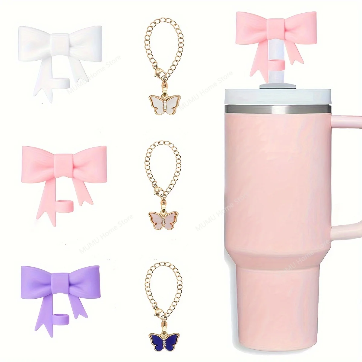 Set of 3 Cute Reusable Silicone Bow Straw Cap Covers and Water Bottle Protective Boots