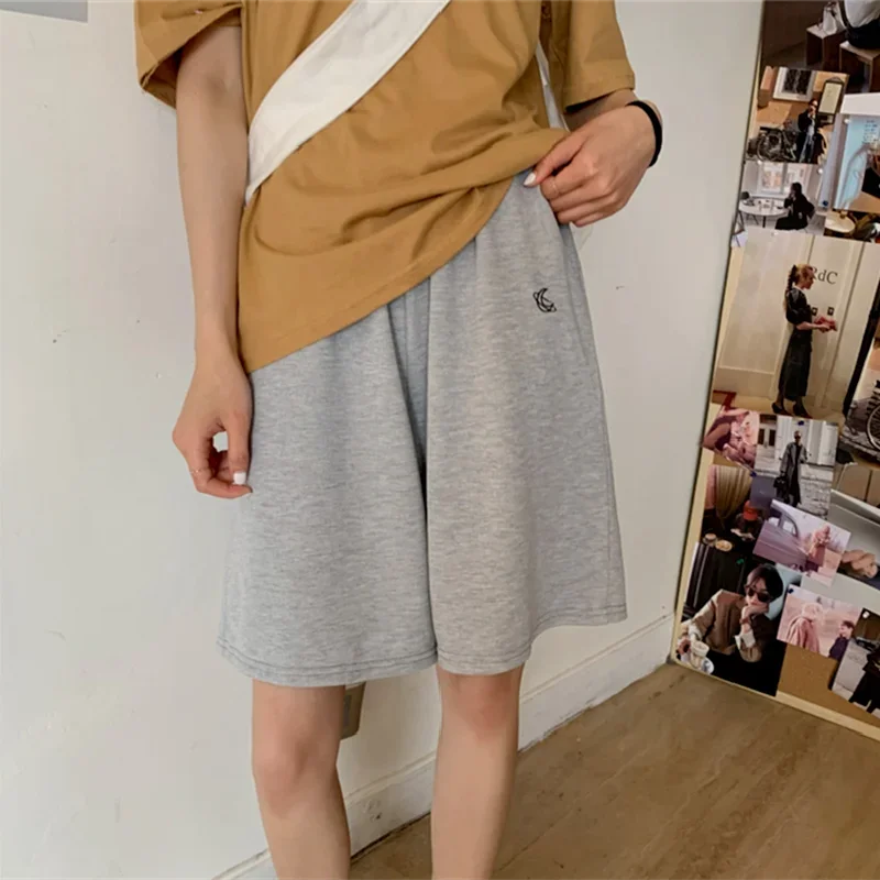 

Women Summer Shorts Loose 3XL Solid Embroidery BF Wide-leg Knee-length Harajuku Casual Simple Ins Trendy All-match Students Chic