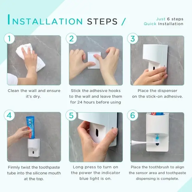Wall Mount Automatic  Toothpaste Dispenser Sensor Operated 4 Stage Pump USB Rechargeable White Detachable For  Easy Cleaning 6