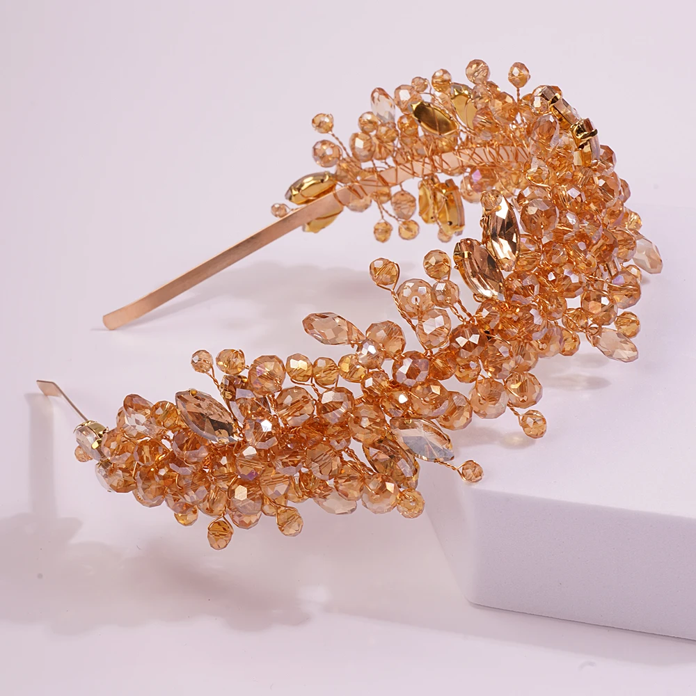Bridal Hair Accessories, Crown Headband, Hair Accessories Handmade Wedding Bride Luxury Pink Gold Rhinestones Tiaras and Crowns Bridal Headband Costume Hair Accessories for Women