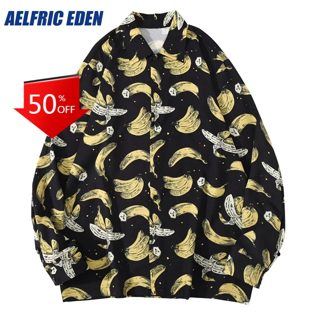 Aelfric Eden Banana Print Hawaiian Long Sleeve Shirts Streetwear Couple Hip Hop Harajuku Casual Holiday Party Beach Blouse Tops