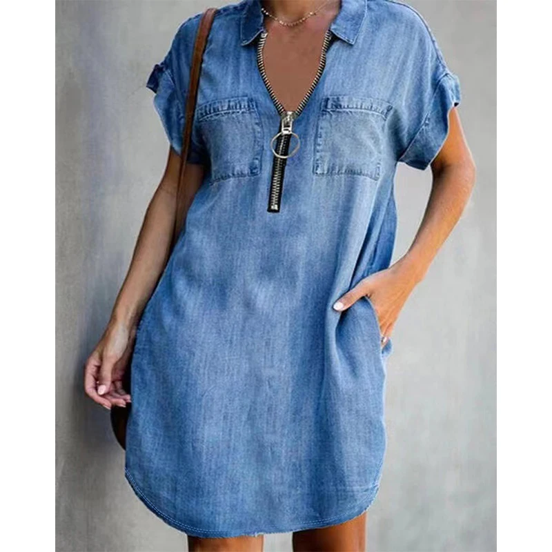 

Women Loose Vintage Fashion Ruffles Zipper Pocket Befree Dress Large Big denim Sexy Summer Boho Casual Party Elegant Dresses