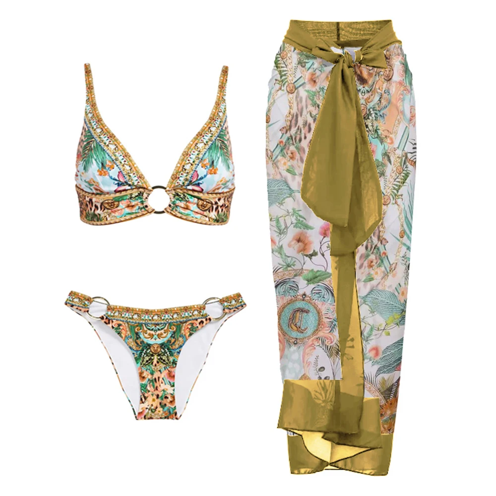 

Two Piece Bikini Cover Up Women's Floral Print Bandage Swimsuit Vintage Vacation Beach Bathing Suit Thong Underwear Bra 2023