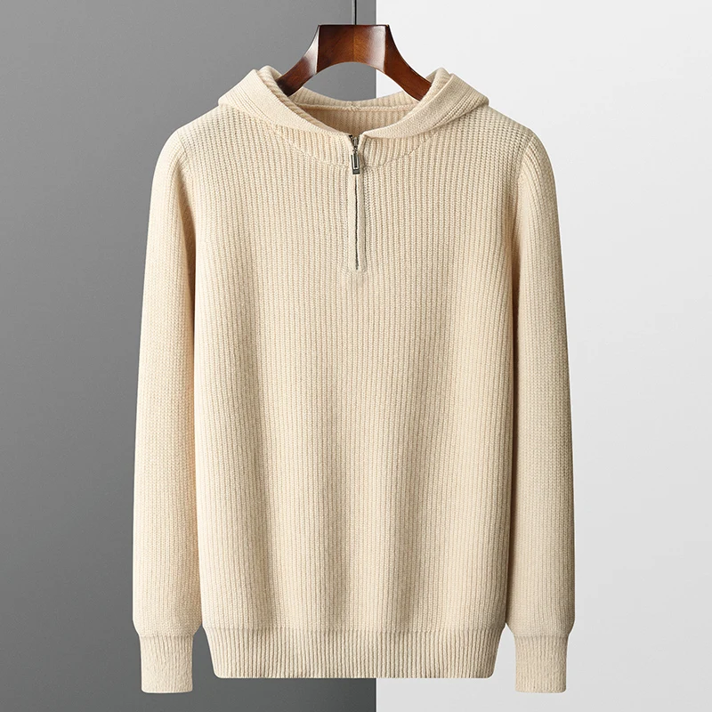 

100% wool hoodie men's Ingot needle thickened sweater Youth sports casual zipper knit hoodie top
