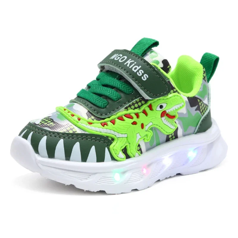 Kids Sports Shoes Spring Children Cartoon Dinosaur LED Light Soft Sole Boys Causal 2-6 Years Old