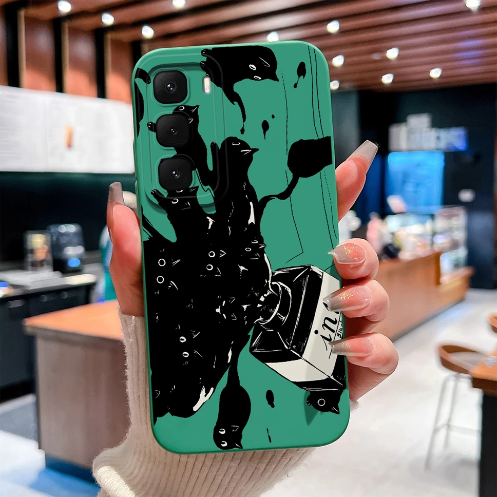 Fashionable Black Cat Pattern Shockproof Phone Case - Soft Liquid Silicone Cover in Black