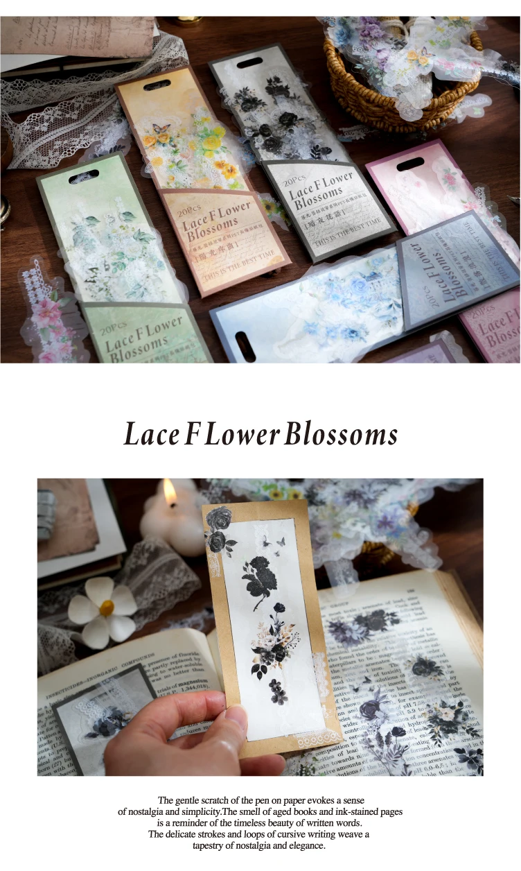 Yoofun 20 teile/los Spitze Korridor Vintage Blumen streifen Material Dekor Haustier Aufkleber kreative DIY Journal Collage Briefpapier Etiketten – Detail 7