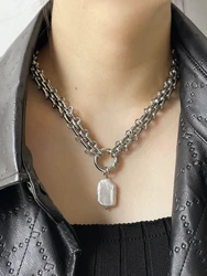Elegant Vintage Large Square Freshwater Pearl Pendant Necklace with Chunky Chain (Silver)