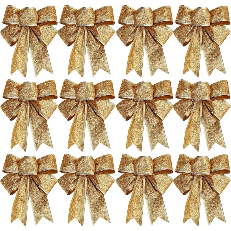 thumbnail image 1 of 1-12pcs Large Christmas Bow Glitter Ribbon Bowknot for Xmas Tree Hanging Pendant Ornaments Xmas Home Party Decoration Supplies, 1 of 5