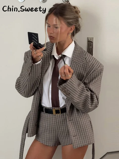 Street Women's Lace Up Plaid Shorts Sets Loose Lapel Full Sleeve Single Breasted Jacket Short Pants 2025 Autumn Winter Lady Suit 1