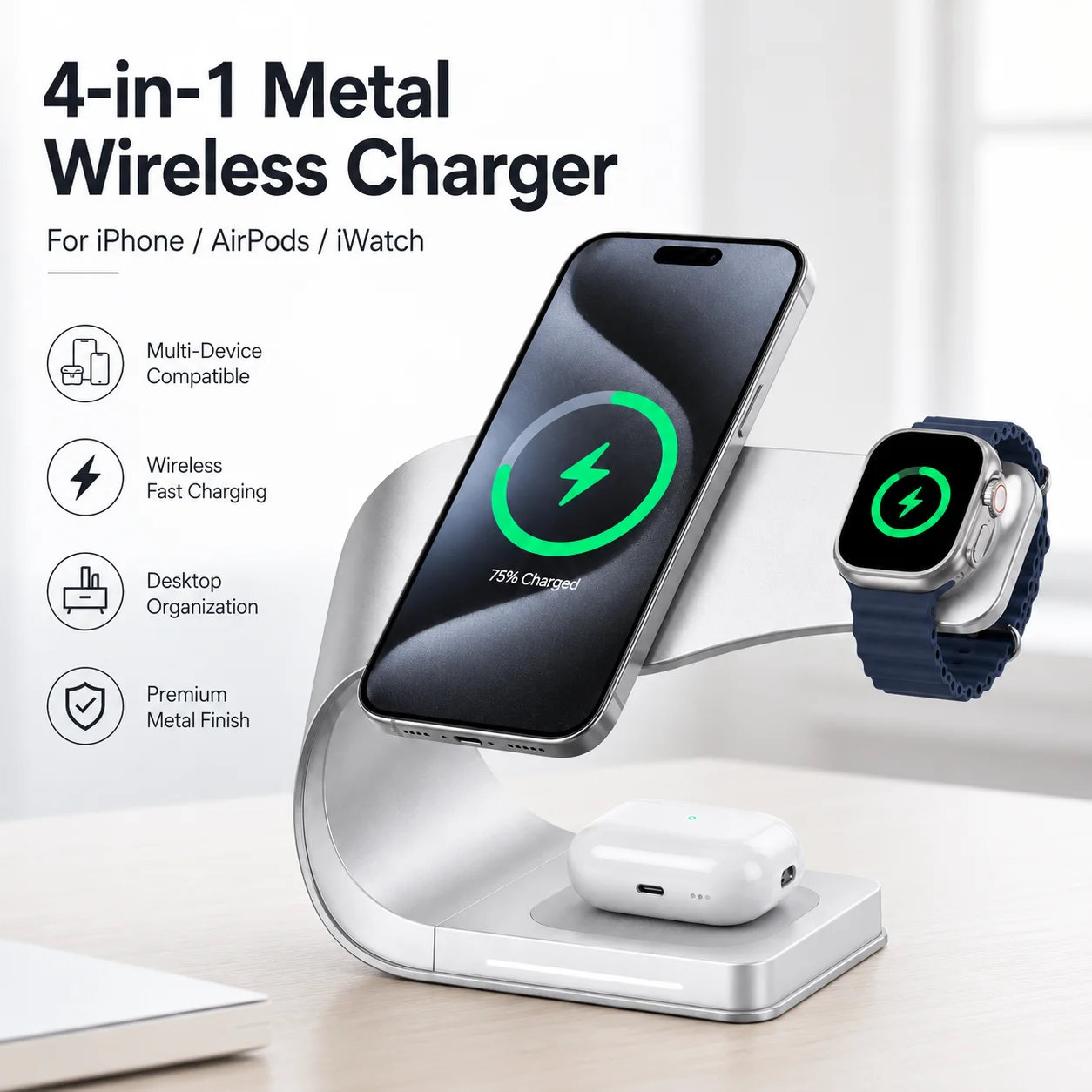 Magnetic 4-in-1 Wireless Charging Stand with Fast Charging and Metal Shell