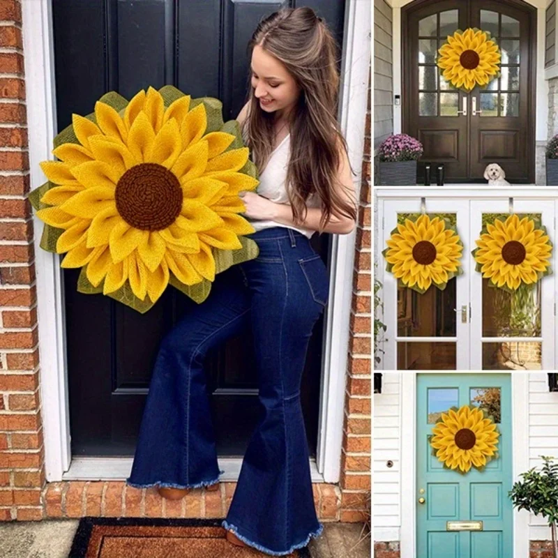 

16.5in Poly Burlap Sunflower Wreath 2Pcs Artificial Yellow Sunflower Spring Summer Wreath Front Door Wreath For Indoor Outdoor