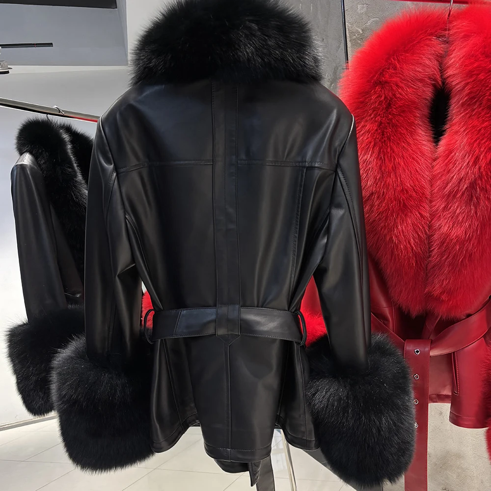 YOLOAgain Real Fox Fur Collar Genuine Leather Jacket Women