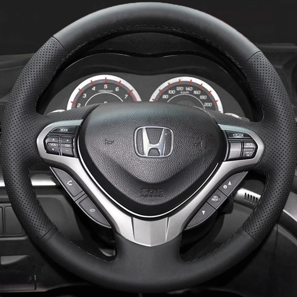 DIY handgenähter Lenkradbezug aus schwarzem Mikrofaser-Leder, Auto-Lenkradbezug für Honda Spirior OId Accord – Detail 1