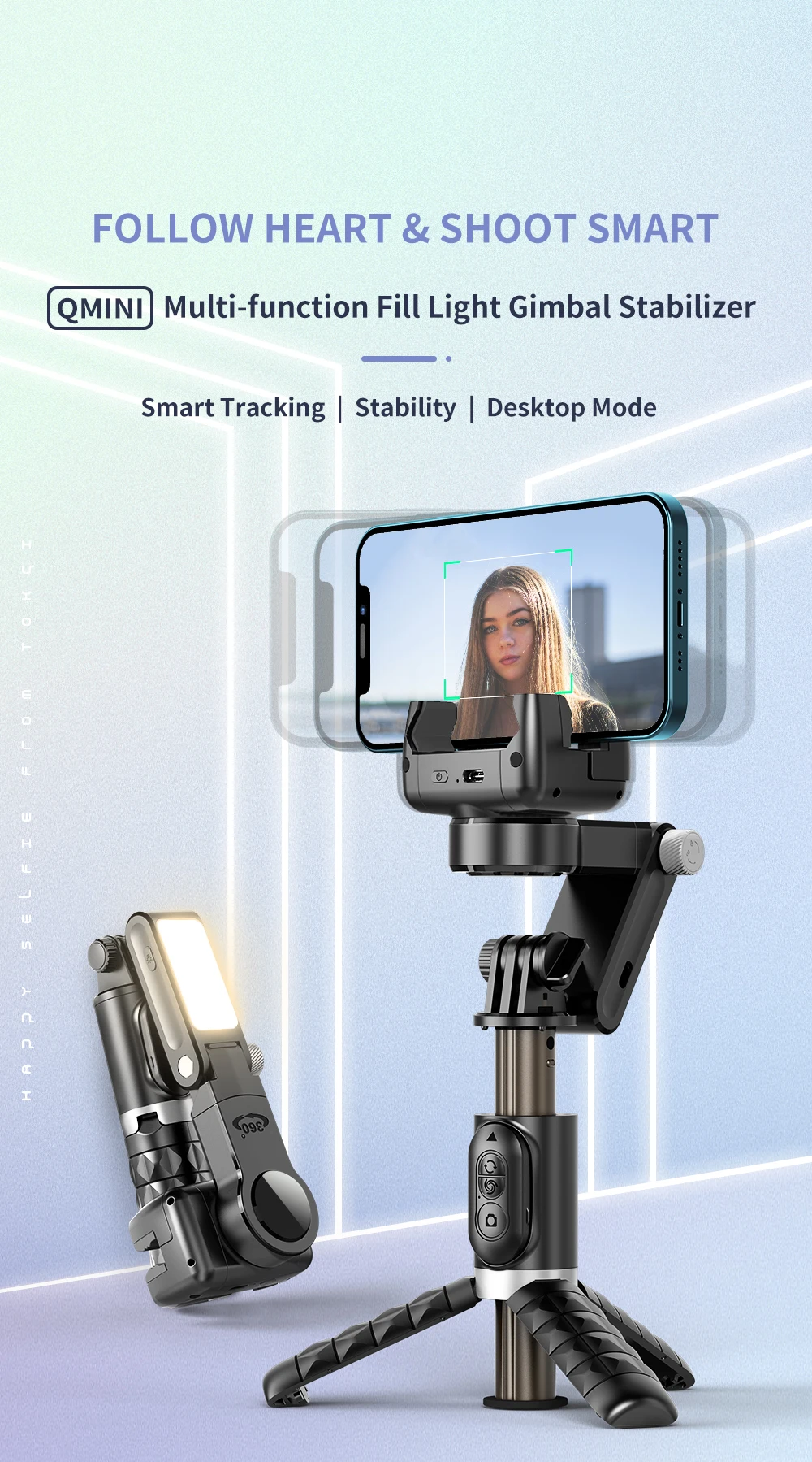 Description Picture 2 of itemKEELEAD 360 Rotation Gimbal,Selfie Stick Tripod with Remote Fill Light Following Shooting,Stabilizer for Smartphone Live/Vlog