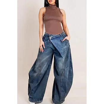 Y2K Women Loose Denim Jeans Asymmetric Button Pocket Washed Jean Casual Harajuku High Street Grunge Denim Trouders Pants 1