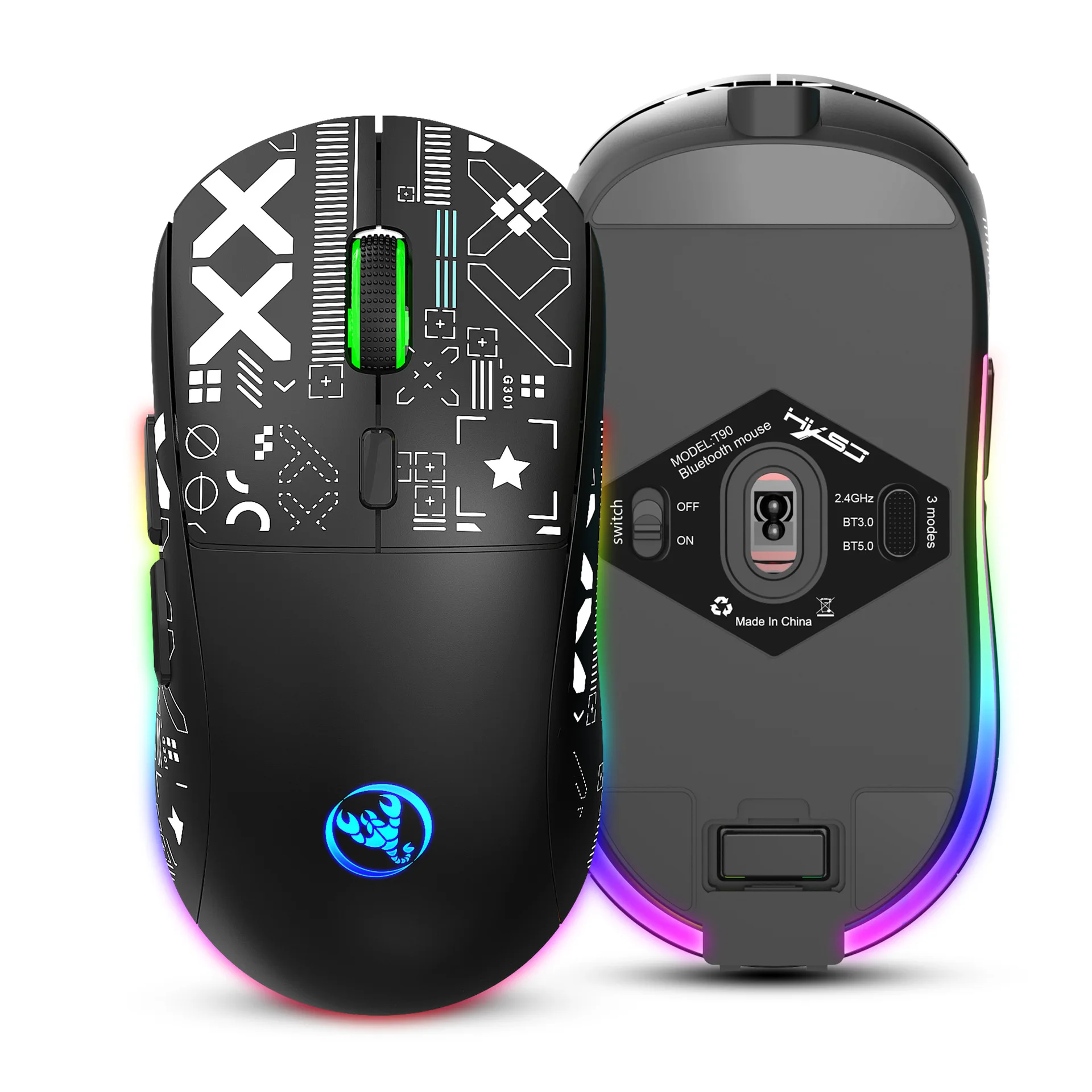 무선 게임 마우스 물 전송 Slient RGB 발광 마우스, TYPE-C 충전 지지대, T90 3 모드, 2.4G, BT1, BT2, 도매