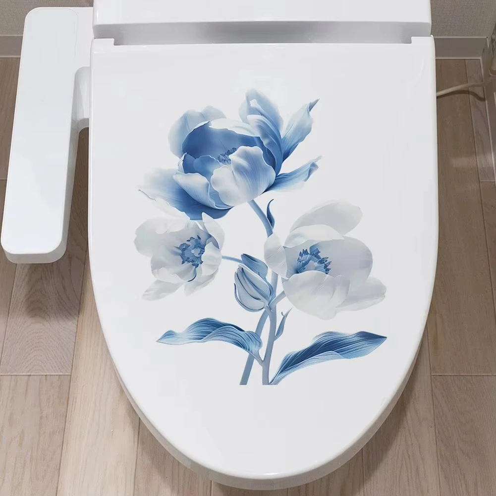 Easy to Peel Toilet Sticker Blue Flower Toilet Sticker Waterproof Pvc Wall Art Decal for Bathroom Room Removable Self-adhes F18