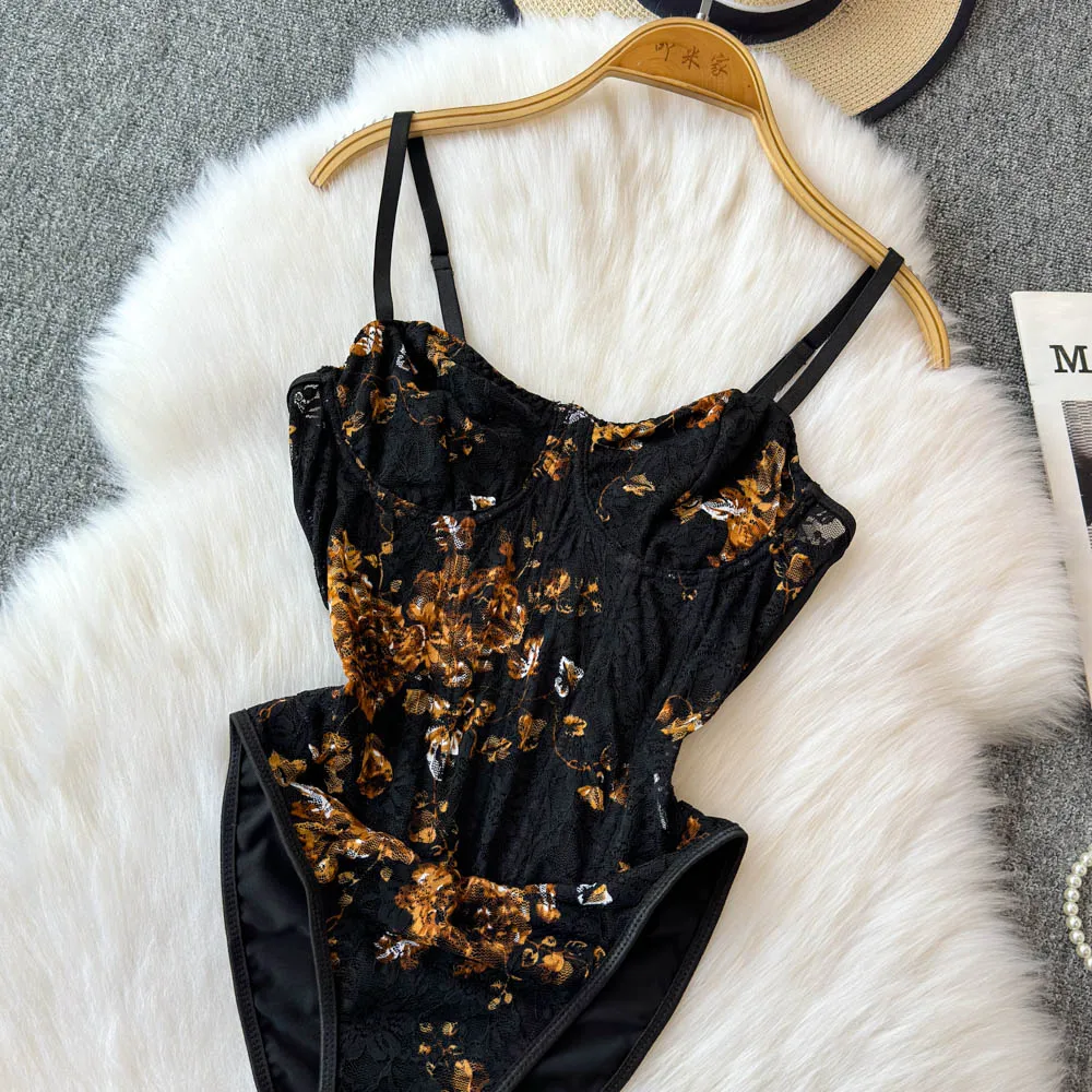 Женское винтажное боди с вышивкой, кружевной комбидресс с открытой ...