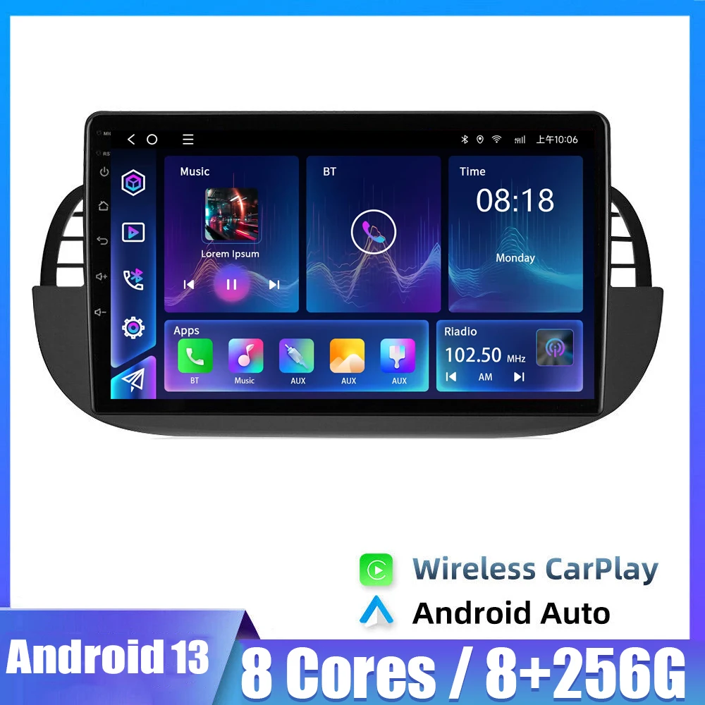 8G + 128Gb Autoradio Android 13 Lettore Multimediale Per Fiat 500 2007 - 2015 Auto Stereo Head Unit Navigazione Gps Bt Mirror Link