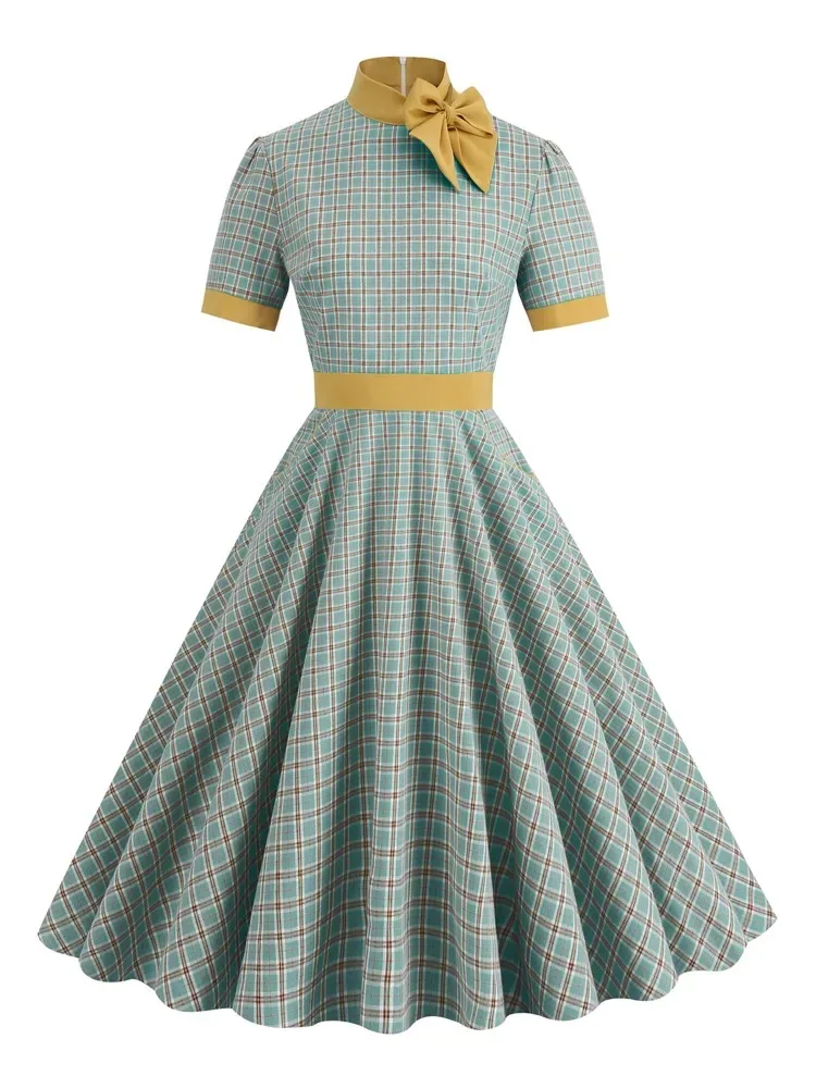 

2023 New Bow Tie Neck Plaid Elegant Evening Autumn Winter Ladies Dresses 50s Rockabilly High Waist Pockets Long Dress for Women