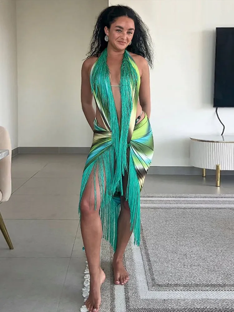 Sexy Midi Skirt Set Gradient Green Halter Fringe Wrap Top High Slit Women Skirts 2026 Summer Vacation Beach Cover Up Chic Outfit 1