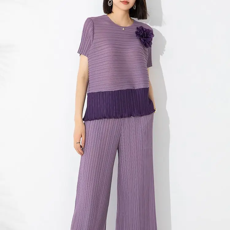 Miyake Pleated Fashion Set Two-Piece Women 2023 Summer New Contrast Color Pullover Top High Waist Tight Edge Straight-Leg Pants 1pcs dnp618 edge guide for compact router fixed base compact router guide straight edge guide woodworking tools accessories