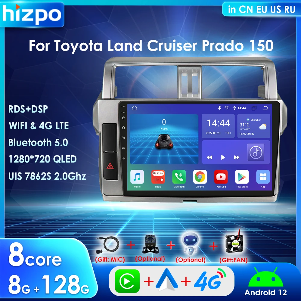 

Hizpo Carplay for Toyota Land Cruiser Prado 150 2din Car Radio Android 12 Multimedia Player GPS Navi BT FM Stereo RDS 4G DSP IPS