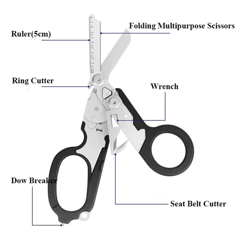 Tesoura dobrável tática multifuncional, Raptors, First Aid Expert, Ferramenta de sobrevivência ao ar livre, Ferramentas combinadas