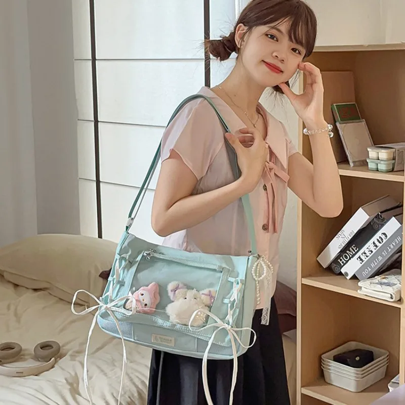 카와이 리본 보우 투명 토트 이타백 여학생용 대용량 클리어 PVC 숄더 핸드백 귀여운 애니메이션 크로스바디 퍼스