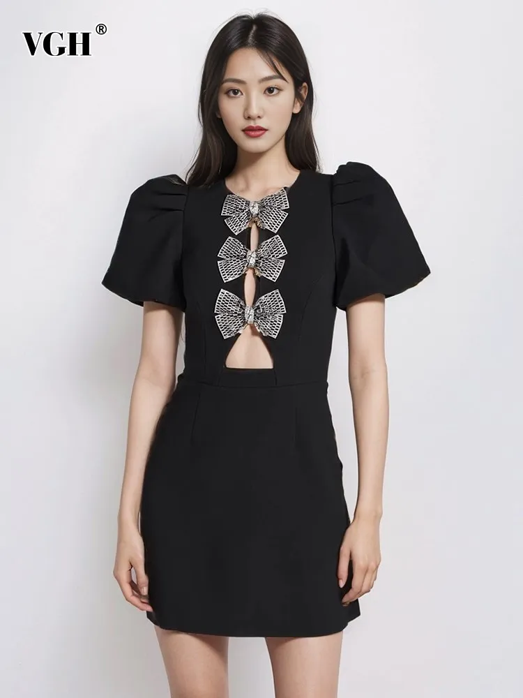 

VGH solid patchwork bowknot elegant dress for women round neck puff sleeve high waist hollow out dresses female fashion clothes