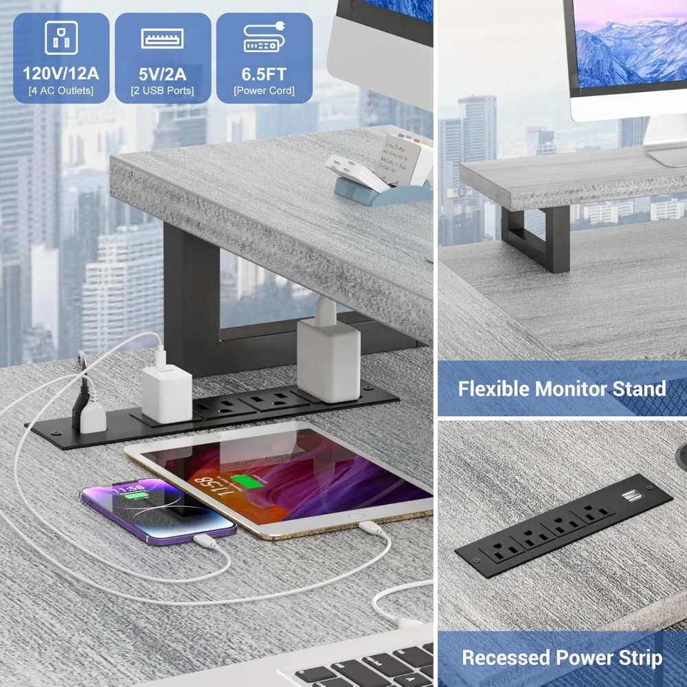 U Shaped Computer Desk with Power Outlet and LED Strip, Reversible L Shaped Office Desk with Monitor Stand and Bookshelf 5