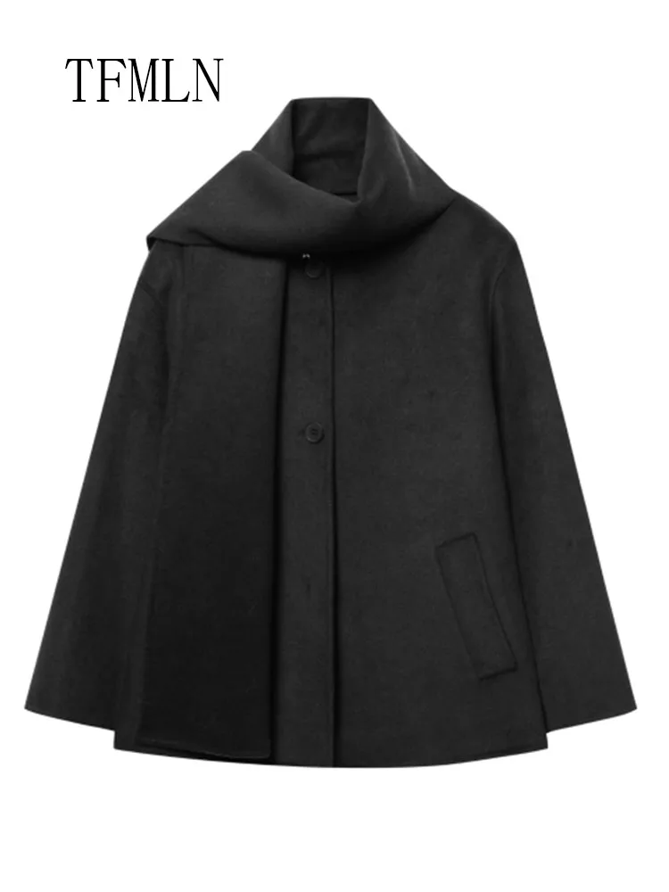 Retro Women Casual Scarf Collar Coat Fashion Single Breasted Pockets Loose Outerwear Commuting Street Jacket 2025 Autumn Winter