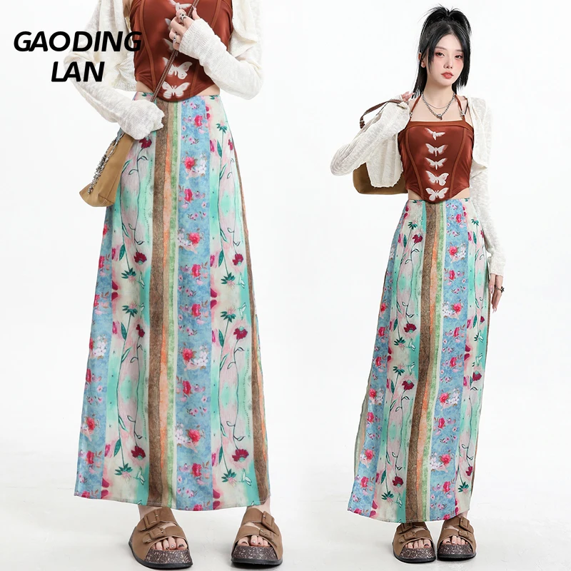 

GAODINGLAN Indie Folk Floral Print Women Skirts Summer Elegant Slit Long Skirt Package Hip High Waist One-step Skirt Minority