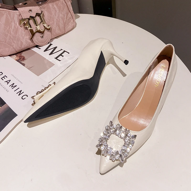 Aphixta Crystal Buckle High Heels 8cm Stiletto Heels Pumps Black Suede Sexy Women Shoes Pointed Toe Party Pumps Super Big Size45