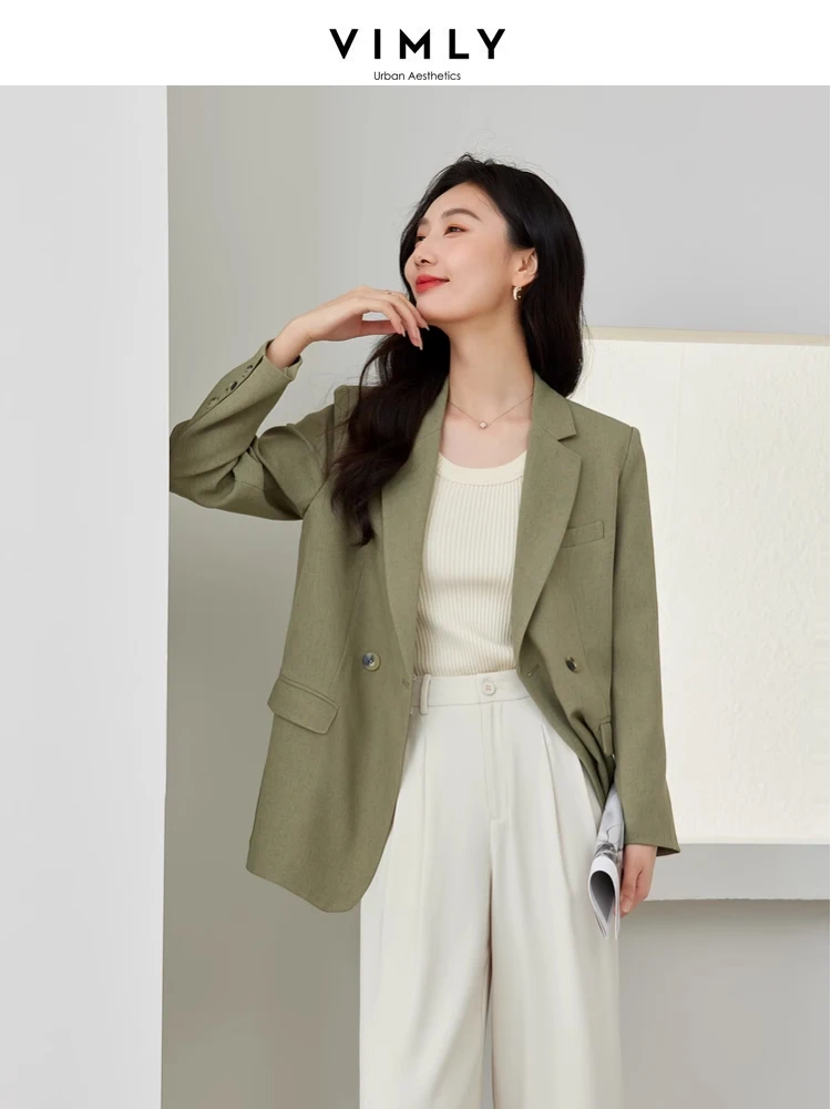 Vimly Spring Linen Blend Blazers for Women 2024 Business Office Wear Suit Jacket Shoulder Padded Notched Straight Blazer M6151