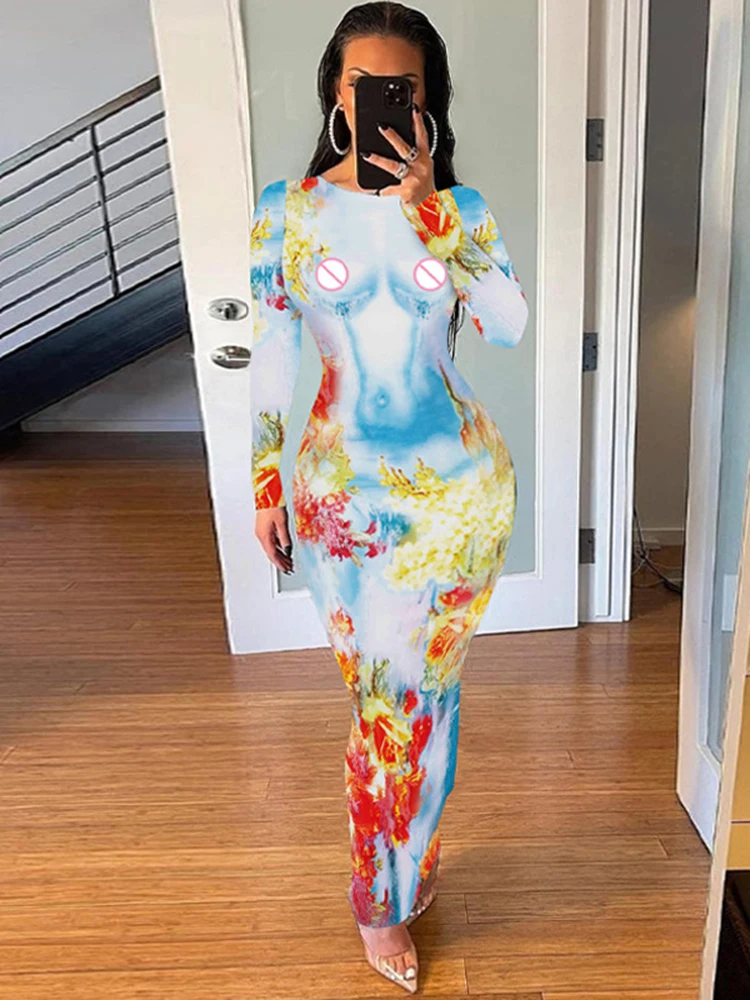 

Sibybo Women's Dress Fashion Print Slim-fit Dress Elegant Temperament Round Neck Long Sleeve Dress Summer Outfits For Women 2023