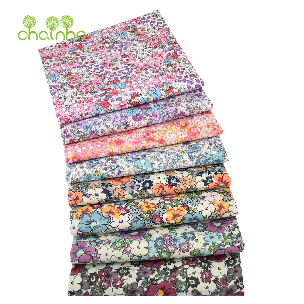 Chainho,Printed Plain Poplin Cotton Fabric,DIY Quilting Sewing Material,Patchwork Cloth,Floral Series,8 Designs,3 Sizes,15PC29