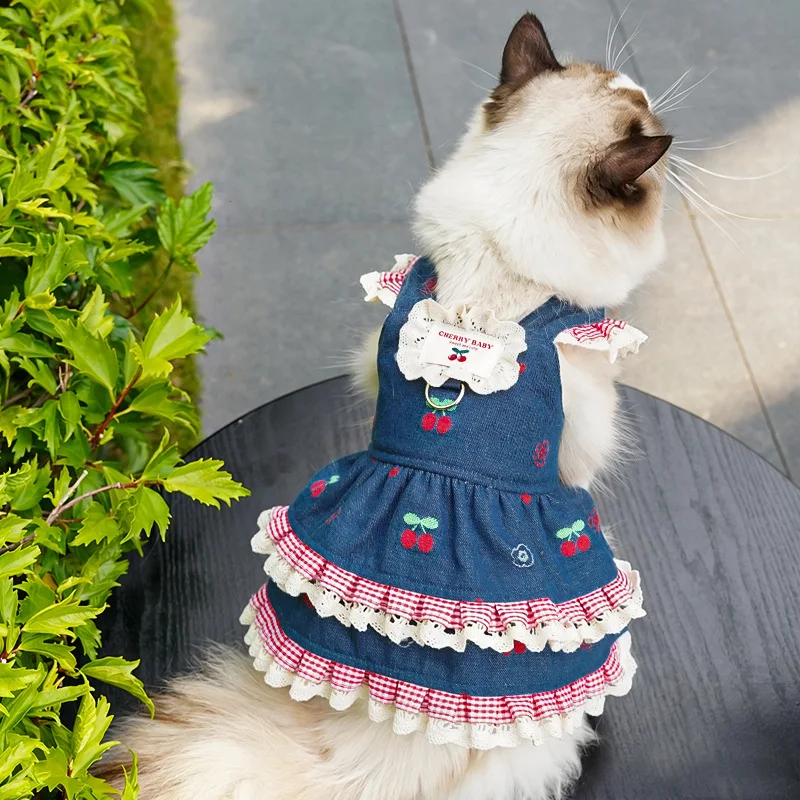 Denim Dress Harness And Leash Set For Small Dogs And Cats_voghion.com