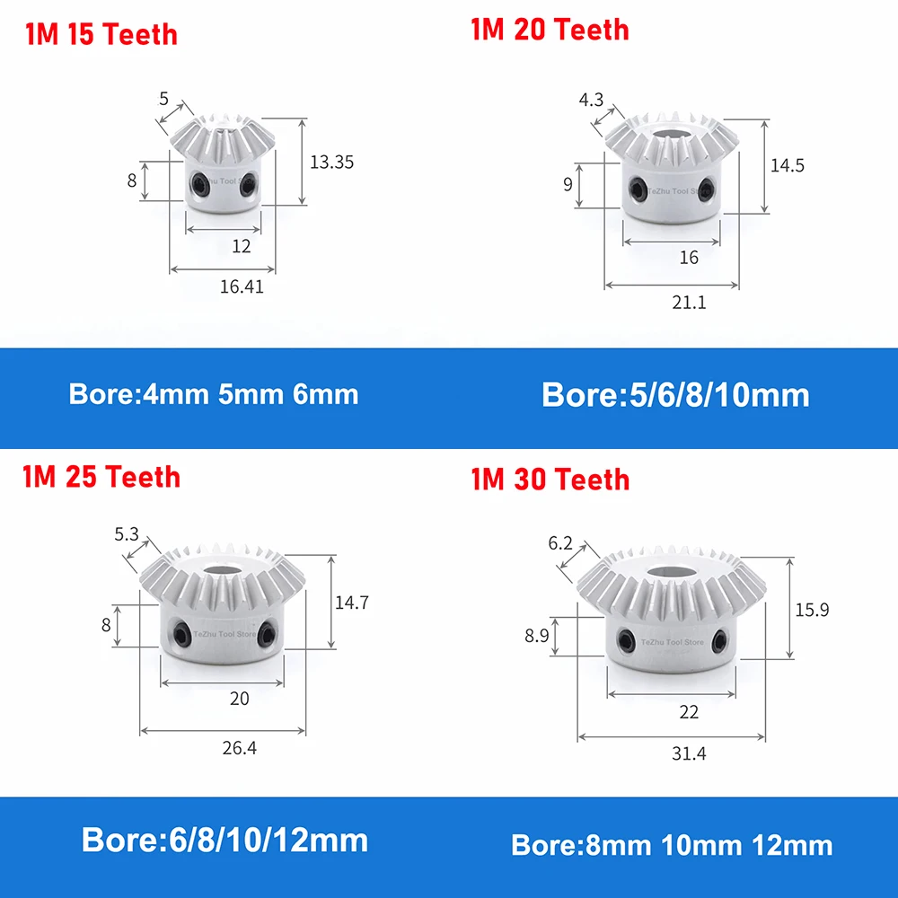 1Pcs 1:1 Bevel Gear 1Mod 15/20/25/30 Teeth Aluminium Alloy 90 Degrees Meshing Angle Steel Gear Bore 4/5/6/8/10/12mm Keyway Bore