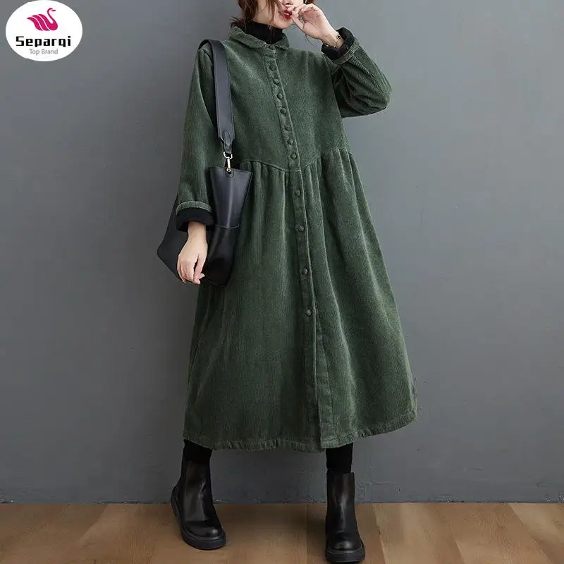 

SEPARQI long sleeve corduroy oversized vintage hooded casual loose autumn spring winter trench coat for women clothes Outerwear