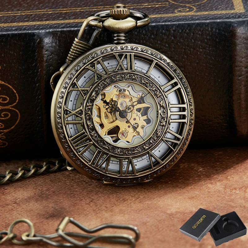Mechanical Pocket Watch FOB Chain Locket Dial Hollow Steampunk Skeleton Men Women Mens Male Clock Watches 2023