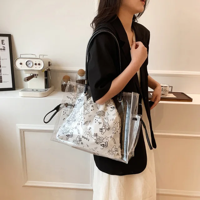 Large Capacity PVC Clear Transparent Tote Bag for Women Fashion Graffiti  Composite Handbag Letter Printed Shopping Shoulder Bags