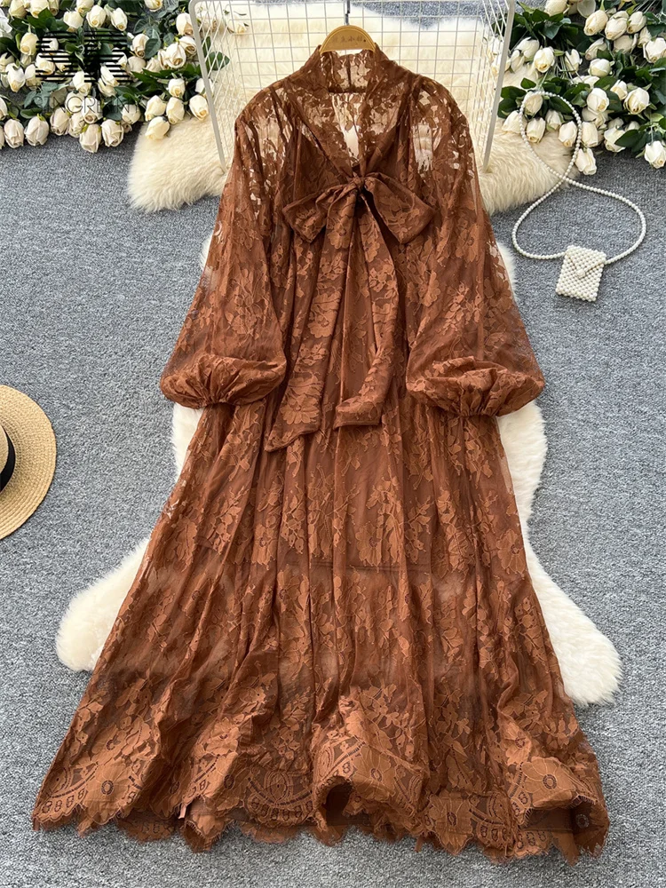 SINGREINY High Street Lace Loose Dress Bow Collar Long Lantern Sleeve Oversize Dress Autumn Thin Vintage Senior 2 Pieces Dresses 1