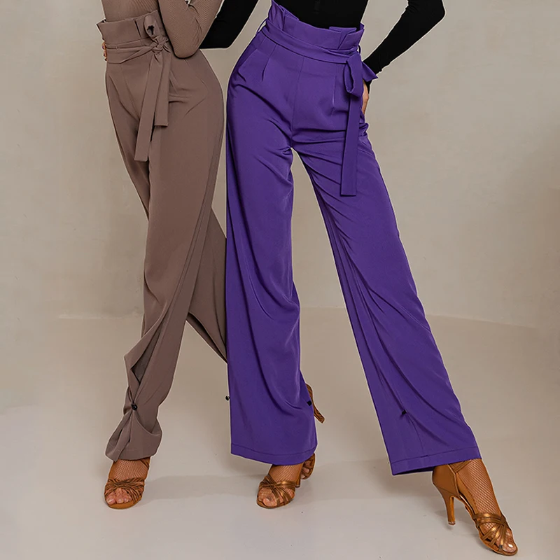 

Ballroom Dance Latin Dance Pants Women Loose Wide-Leg High Waist Purple Brown Red Black Latin Trousers Practice Clothing BL9536