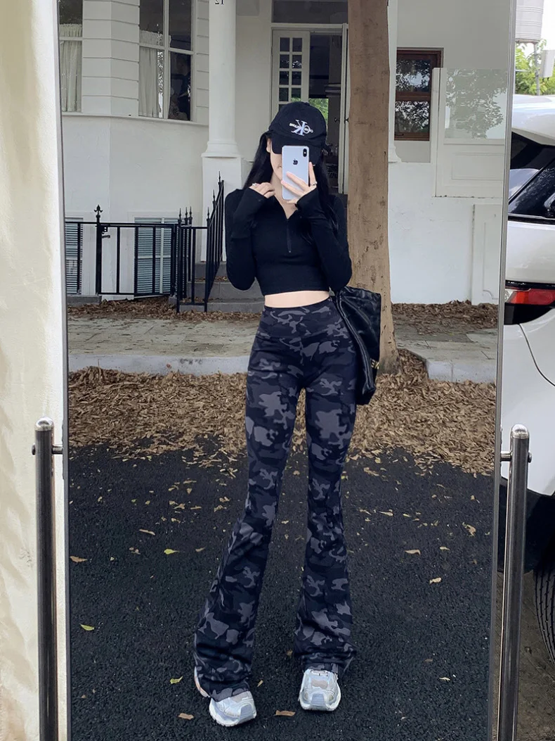 BIVIGAOS 2026 Spring New Camouflage Micro Flared Leggings Women High Waist Slim Fit Fashion Camo Sport Yoga Elastic Flared Pants