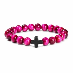 Natural Stone & Wood Bead Meditation Bracelet with Hematite Cross (Antique Silver Plated)